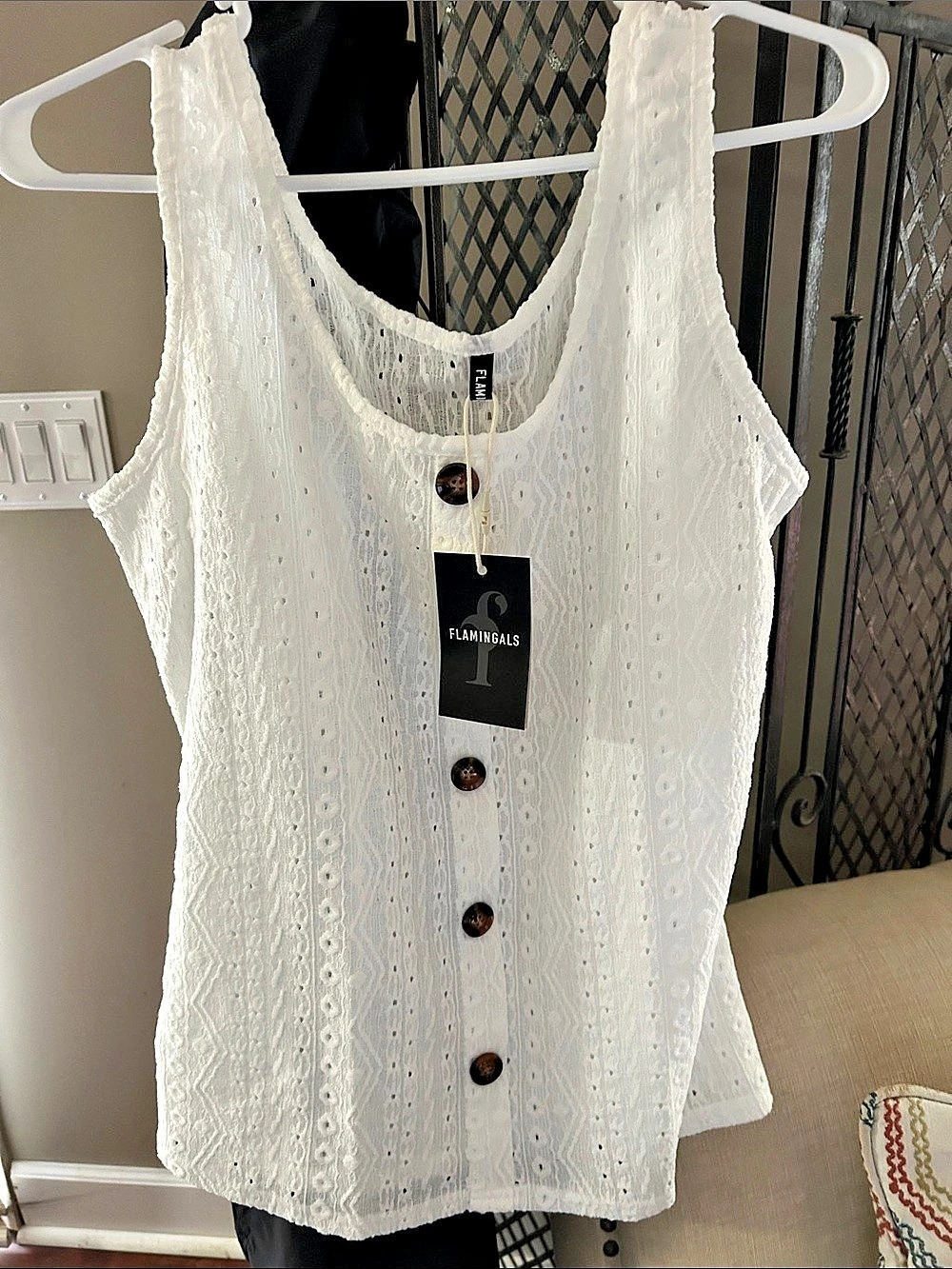 Flamingals Eyelet Embroidery Button Up Tank Top White